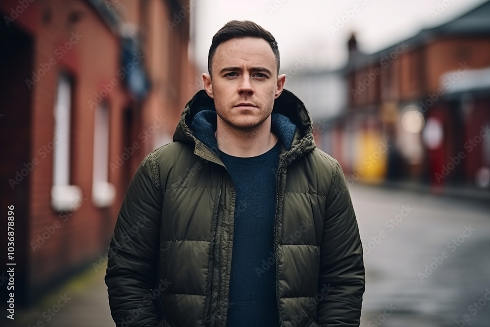 Portrait of a handsome young man in a green down jacket. Portrait of a handsome young man in a green down jacket.