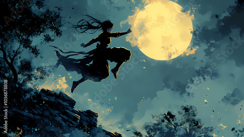 Moonlit Forest Adventure: Stealthy Ninja Girl in Anime Art photo