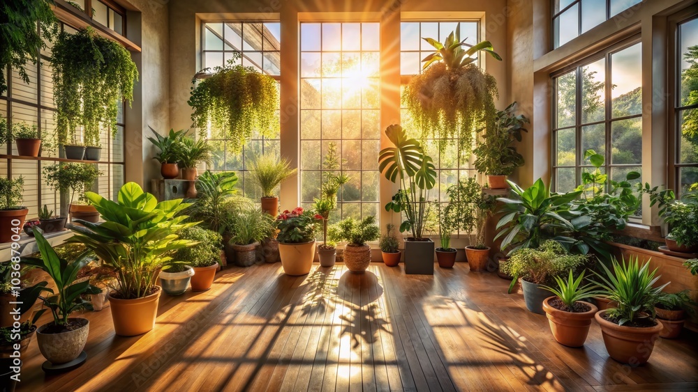 Obraz premium Warm sunlight filtering through windows illuminates a serene indoor space, casting intricate shadows of lush potted plants, creating a peaceful atmosphere.