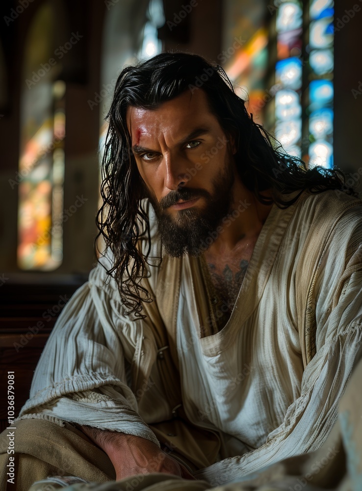 Fototapeta premium Cinematic Image of Jesus Christ in Stained Glass Church Setting