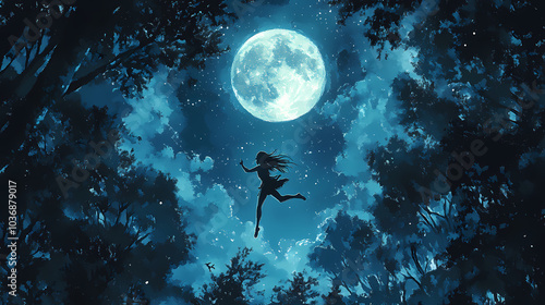 Anime Ninja Girl Preparing for Attack: Moonlit Forest Scene photo