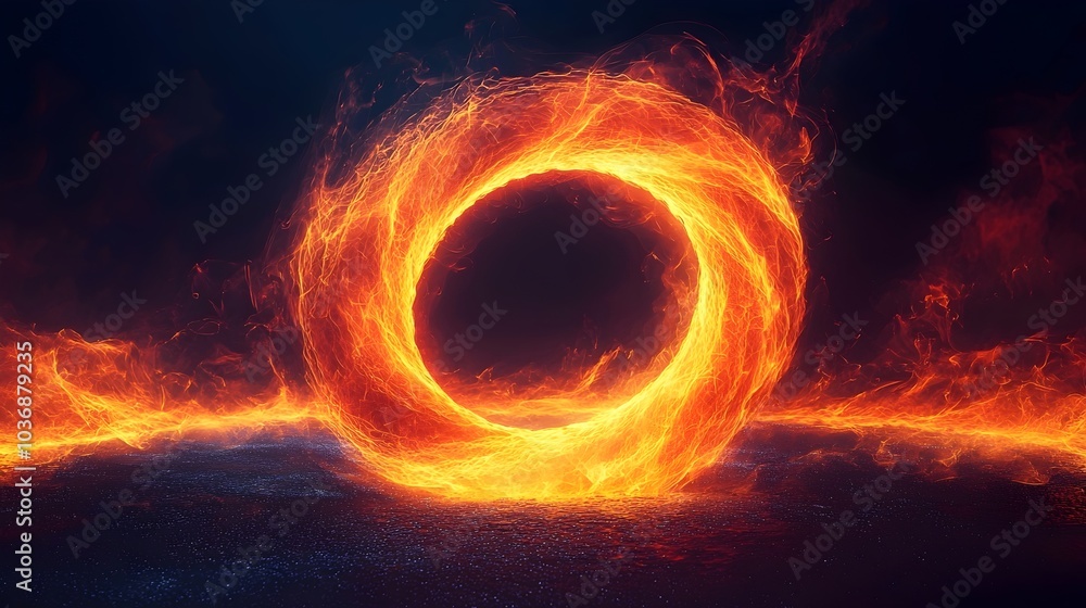 Fototapeta premium A vivid circular flame emanating intense heat and light, creating a mesmerizing focal point against a dark, smoky background.