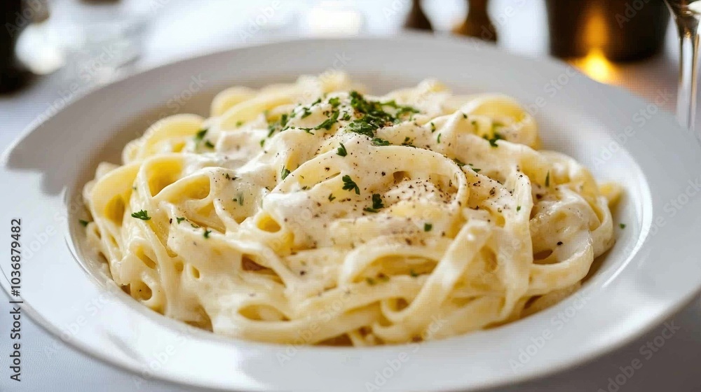 Creamy Fettuccine Pasta Dish on a Table Setting Creamy Fettuccine Pasta Dish on a Table Setting