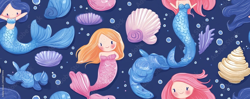 Seamless pattern with cute mermaids, shells and bubbles on a dark blue background. Seamless pattern with cute mermaids, shells and bubbles on a dark blue background.