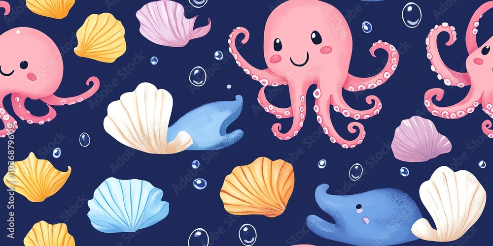 Cute cartoon octopus and seashells seamless pattern. Cute cartoon octopus and seashells seamless pattern.