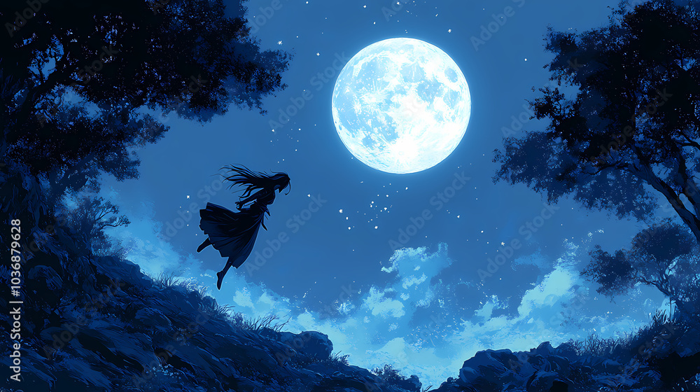 Anime Ninja Girl Preparing for Attack: Moonlit Forest Scene Anime Ninja Girl Preparing for Attack: Moonlit Forest Scene