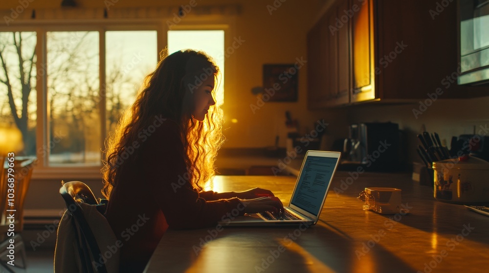 A candid shot of a woman sitting at a kitchen table, her laptop open as she works from home, with the soft glow of the early morning sun filtering through the window. A candid shot of a woman sitting at a kitchen table, her laptop open as she works from home, with the soft glow of the early morning sun filtering through the window.