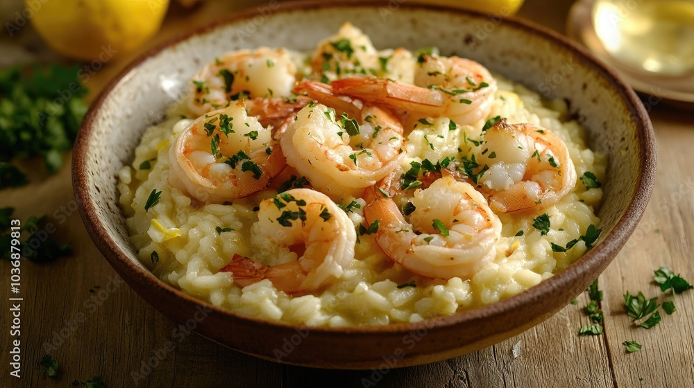 Lemon Infused Risotto with Shrimp Overhead Shot Lemon Infused Risotto with Shrimp Overhead Shot