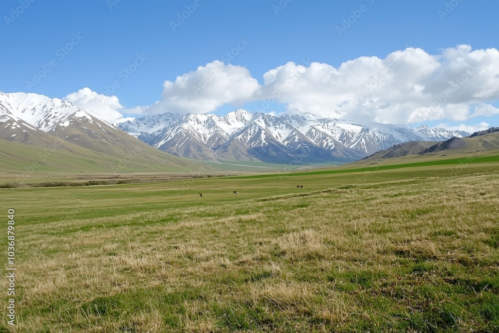 Fototapeta premium Majestic snow-capped mountains rise above green valleys under a vast blue sky in springtime