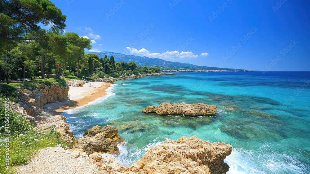 Fototapeta premium Serene beach view with turquoise waters and rocks.