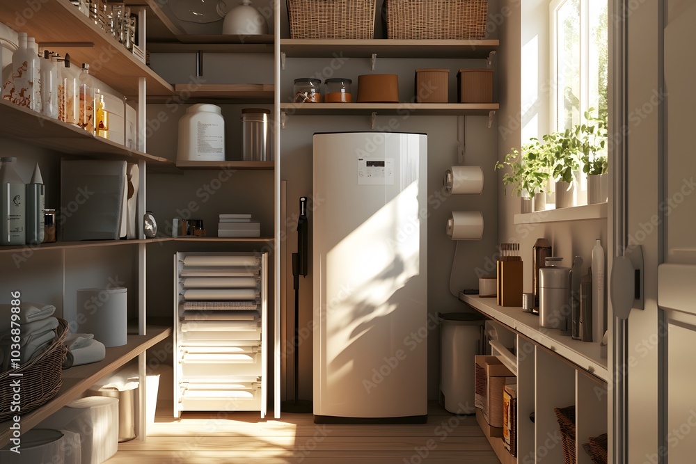 A well-organized pantry with a white refrigerator, wooden shelves, and various containers. A well-organized pantry with a white refrigerator, wooden shelves, and various containers.