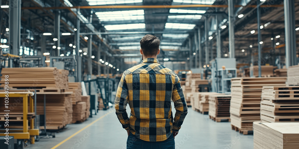 A male engineer in a yellow checkered shirt stands in a large, industrial hardwood furniture factory, overseeing production and design in a spacious workshop environment. A male engineer in a yellow checkered shirt stands in a large, industrial hardwood furniture factory, overseeing production and design in a spacious workshop environment.