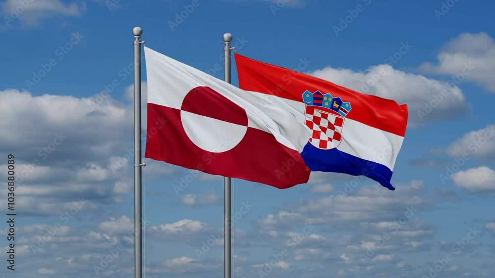 Croatia and Greenland flags flying together, video concept of the relationship, two country cooperation concept