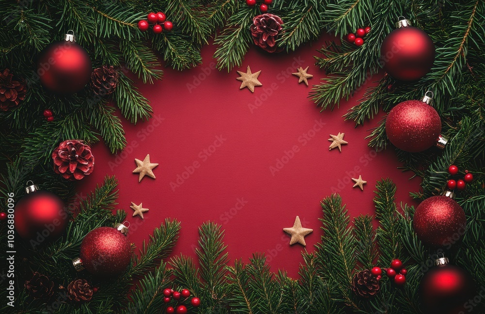 Festive Christmas background with pine branches, red and gold ornaments, and pinecones on a rich red backdrop, creating a warm and inviting frame for holiday messages. Festive Christmas background with pine branches, red and gold ornaments, and pinecones on a rich red backdrop, creating a warm and inviting frame for holiday messages.
