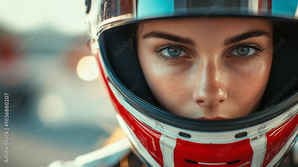 A close-up of a determined female racer wearing a helmet, showing intense focus. The image captures the competitive nature and spirit of motor racing A close-up of a determined female racer wearing a helmet, showing intense focus. The image captures the competitive nature and spirit of motor racing