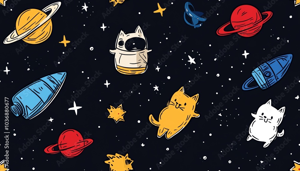 Cute cartoon cats floating in space with a starry background. Cute cartoon cats floating in space with a starry background.
