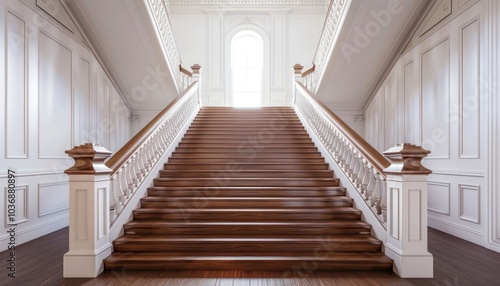 Elegant Wooden Staircase with White Railing and Paneling in a Grand Hallway