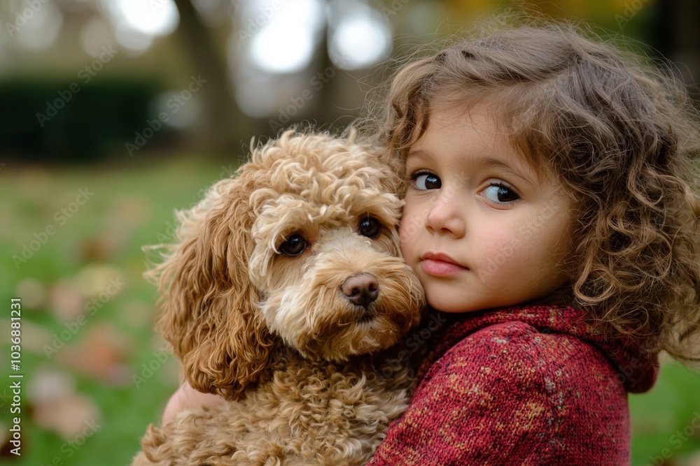 A young girl cuddles her fluffy puppy in a serene park during autumn's golden glow A young girl cuddles her fluffy puppy in a serene park during autumn's golden glow