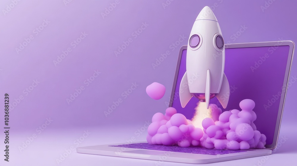 Laptop with a Rocket Launching - Startup Success Laptop with a Rocket Launching - Startup Success