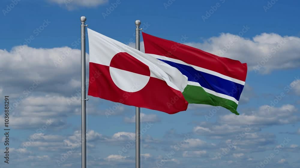 Gambia and Greenland flags flying together, video concept of the relationship, two country relations concept Gambia and Greenland flags flying together, video concept of the relationship, two country relations concept