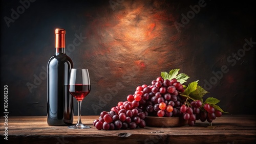 Elegant Red Wine Bottle with Grapes on Dark Background - Perfect for Wine Lovers, Culinary Arts, and Gourmet Food Photography