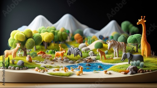 Hand-Drawn Diorama Scene in Dark Space with Tranquil Rural Town, Expansive Field, and Detailed Mountain Range with Wildlife. photo