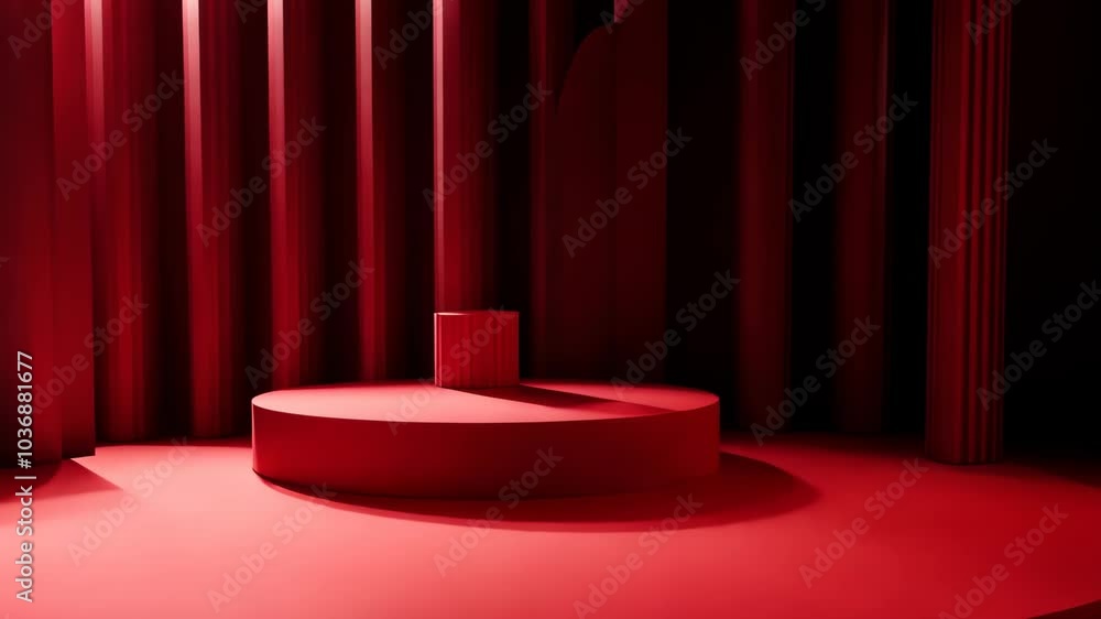 A red platform sits in front of red curtains, with a smaller platform on top A red platform sits in front of red curtains, with a smaller platform on top