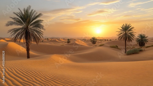 Serene desert landscape at sunset with palm trees.