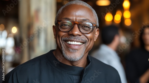 A man with glasses is smiling and looking at the camera. He is wearing a black shirt and he is happy