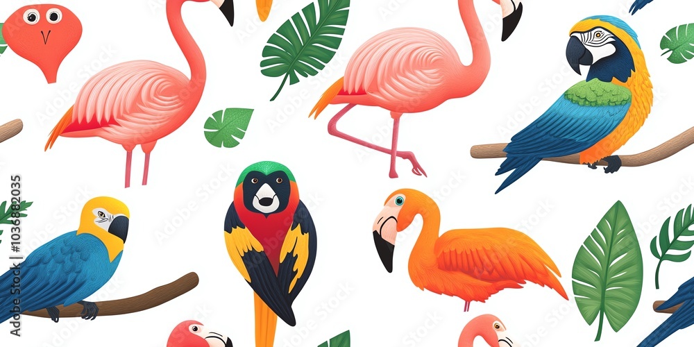 Obraz premium Tropical seamless pattern with flamingos, parrots and palm leaves. Perfect for summer design.