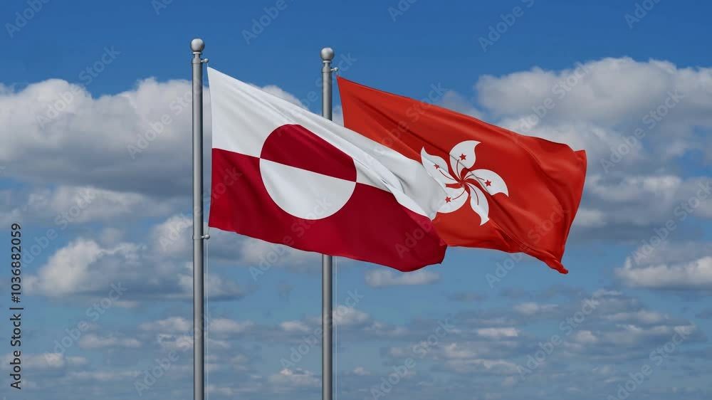 Hong Kong and Greenland flags flying together, video concept of the relationship, two country relations concept Hong Kong and Greenland flags flying together, video concept of the relationship, two country relations concept