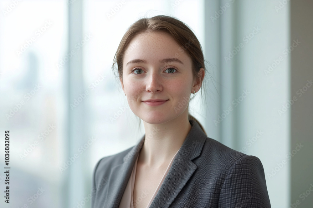 Professional headshot of a woman in a clean, minimalist office space Professional headshot of a woman in a clean, minimalist office space