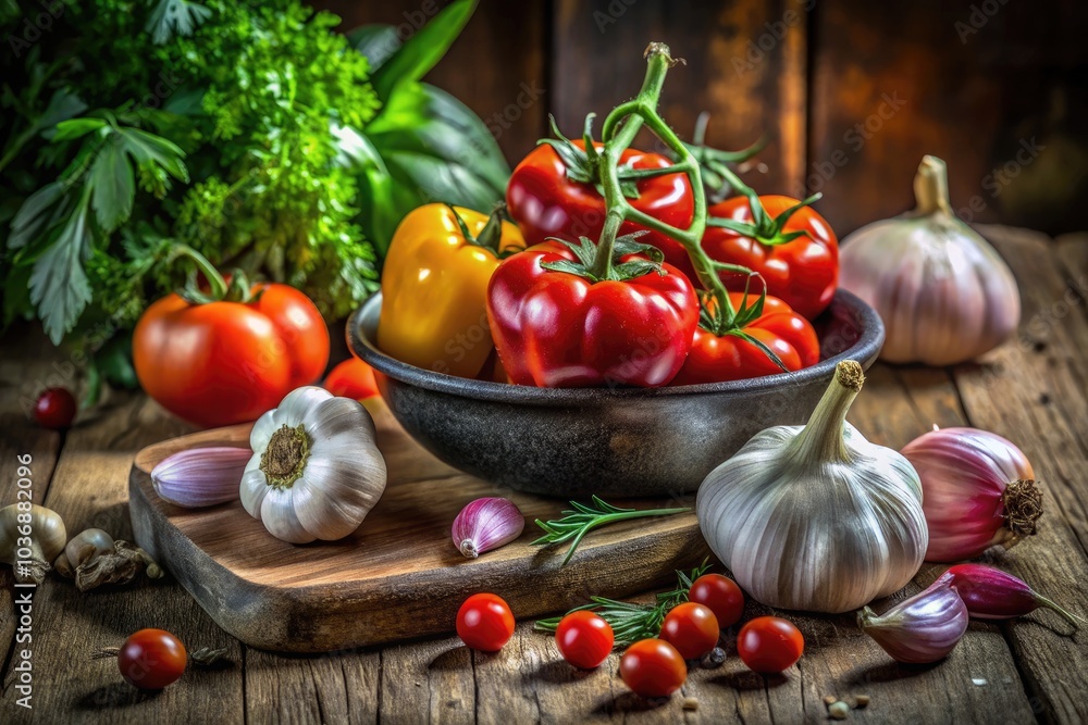 Garlic still life featuring vibrant fresh vegetables embodies rustic kitchen decor, highlighting organic produce and culinary ingredients, inspiring healthy eating and a farm-to-table lifestyle. Garlic still life featuring vibrant fresh vegetables embodies rustic kitchen decor, highlighting organic produce and culinary ingredients, inspiring healthy eating and a farm-to-table lifestyle.