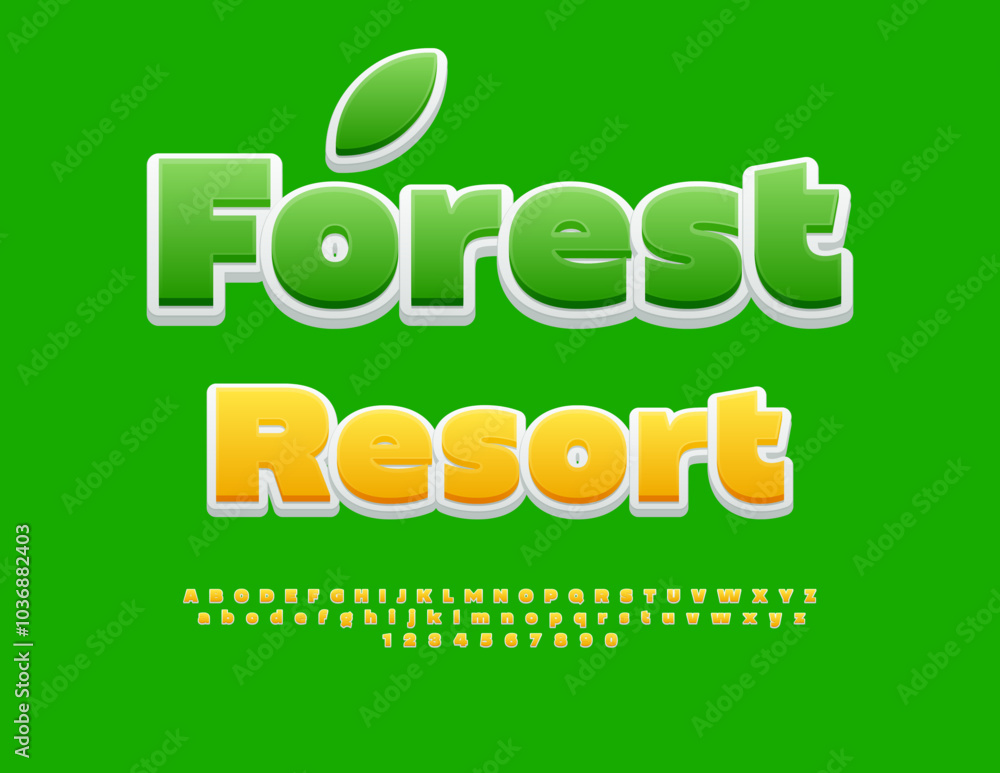 Vector eco template Forest Resort. Sunny Yellow Font. Artistic Alphabet Letters and Numbers set. Vector eco template Forest Resort. Sunny Yellow Font. Artistic Alphabet Letters and Numbers set.