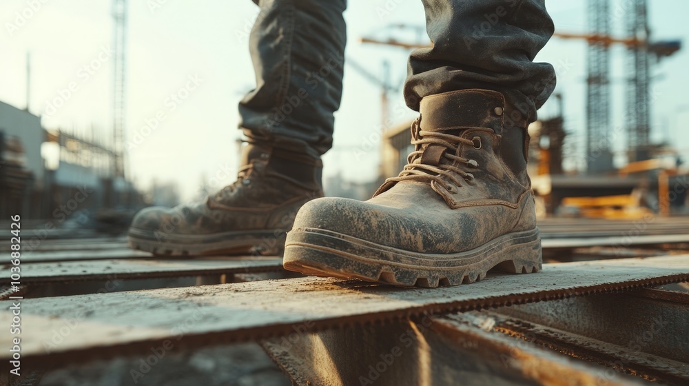 A close-up of dusty safety boots as a construction worker carefully navigates steel beams at a building site, highlighting the importance of safety in a rugged environment. A close-up of dusty safety boots as a construction worker carefully navigates steel beams at a building site, highlighting the importance of safety in a rugged environment.