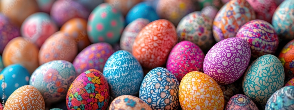 Fototapeta premium A collection of colorful decorated eggs in a heap.