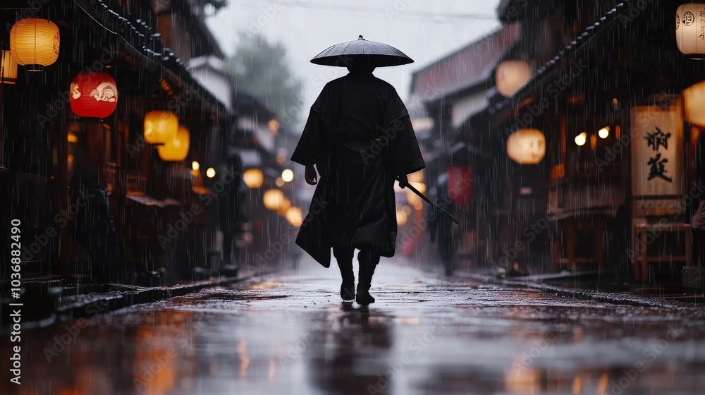 Obraz premium A rain-soaked street in an ancient Japanese village, the scene dimly lit by lanterns, with a lone samurai walking through, his black cloak flowing as rain splashes underfoot