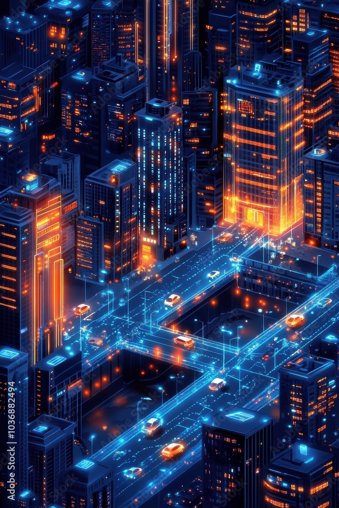 Digital illustration of a futuristic smart city skyline at night with glowing neon lights and urban architecture Digital illustration of a futuristic smart city skyline at night with glowing neon lights and urban architecture