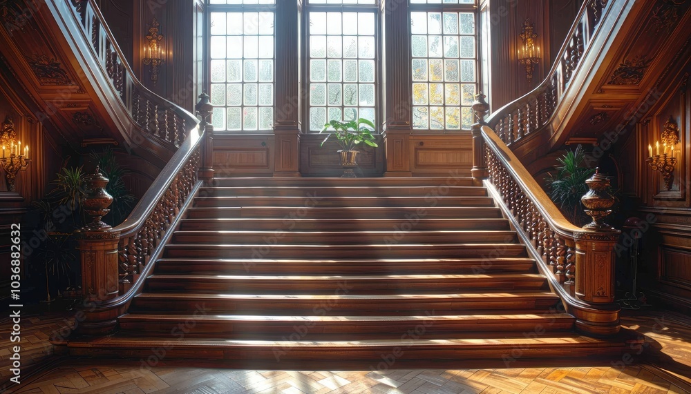 Sunlit Wooden Staircase in an Ornate Mansion Interior Sunlit Wooden Staircase in an Ornate Mansion Interior