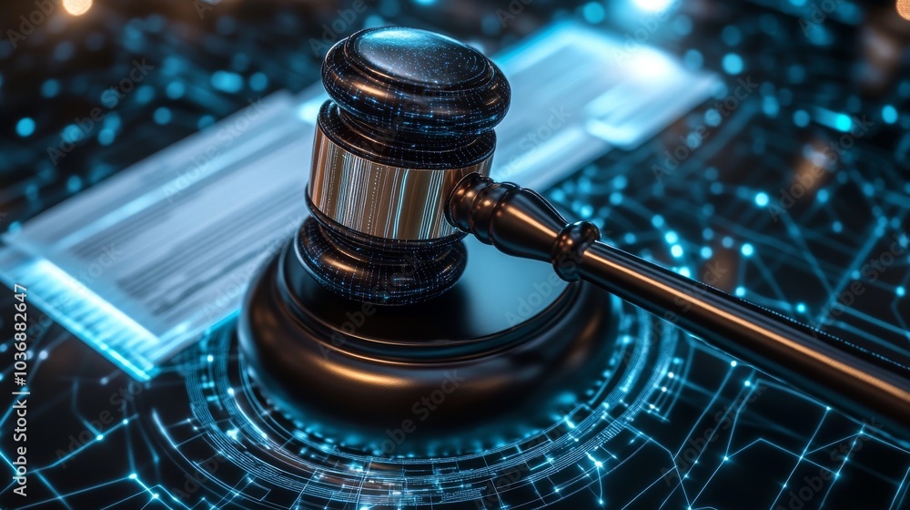 Digital Justice Concept with Gavel and Technology Background Digital Justice Concept with Gavel and Technology Background