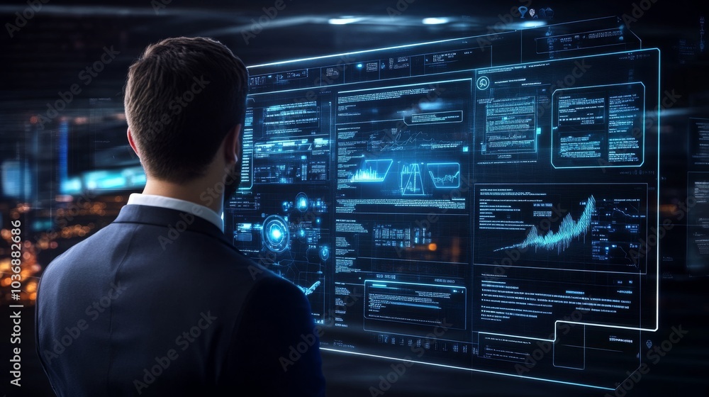 Businessman Analyzing Data on Digital Screen Businessman Analyzing Data on Digital Screen