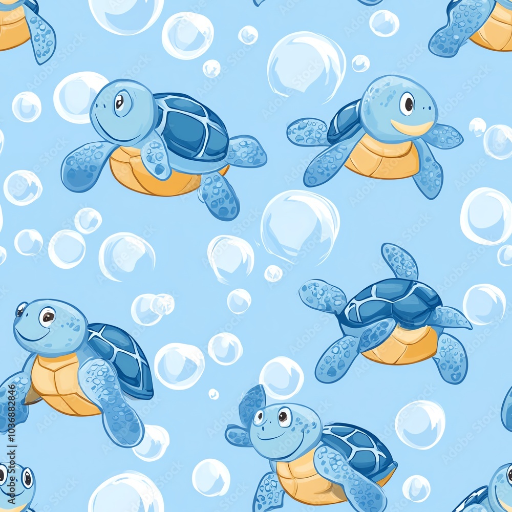 Fototapeta premium Seamless pattern of cute blue turtles swimming in the ocean with bubbles.