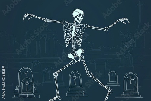 Dancing Skeleton in a Graveyard, A Minimalist Line Art Masterpiece. photo