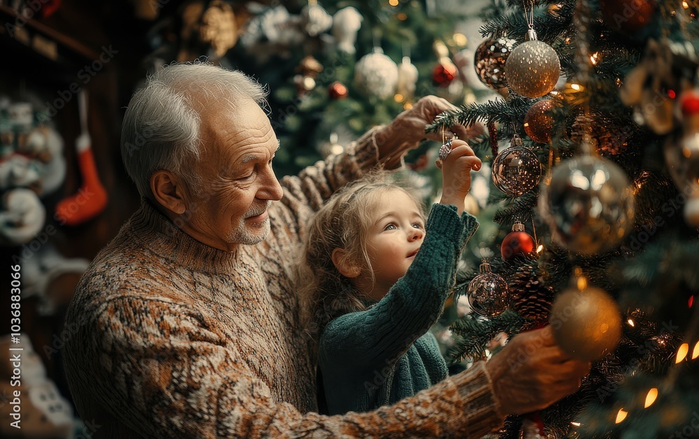 Warm and joyful Christmas moment with a happy grandfather holding his granddaughter as they decorate a beautifully lit tree Warm and joyful Christmas moment with a happy grandfather holding his granddaughter as they decorate a beautifully lit tree