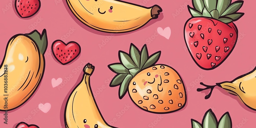 Cute cartoon banana, strawberry and heart seamless pattern. Cute cartoon banana, strawberry and heart seamless pattern.