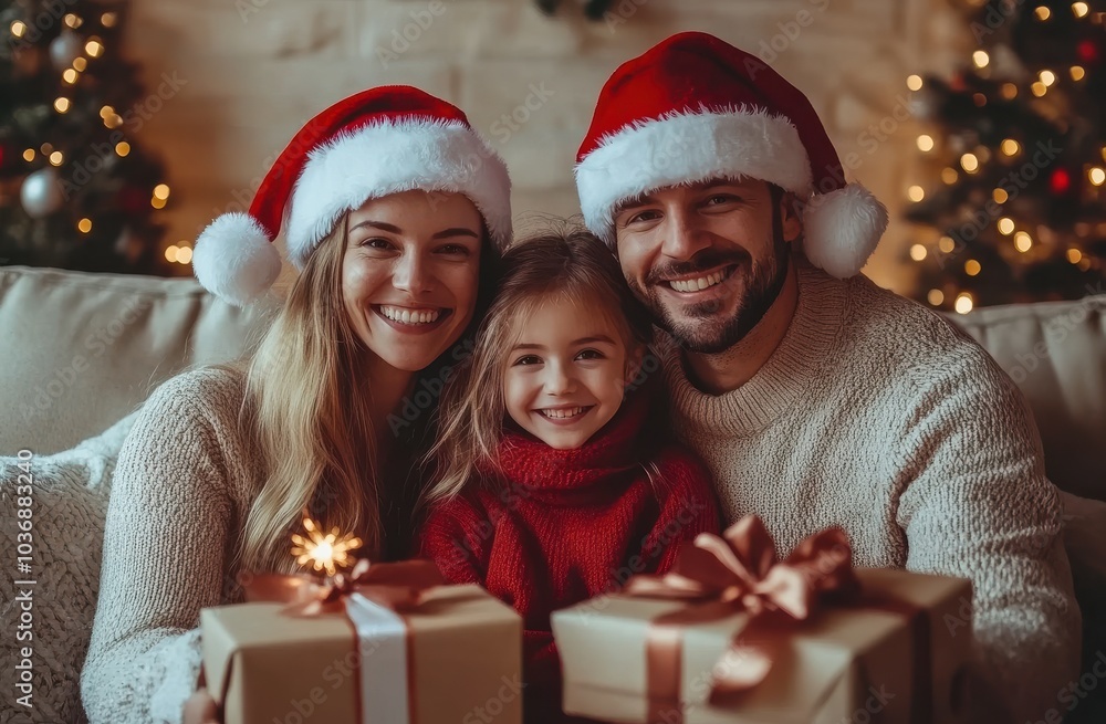 Happy family of three celebrating Christmas at home with gifts, merry smiles, and holiday cheer Happy family of three celebrating Christmas at home with gifts, merry smiles, and holiday cheer
