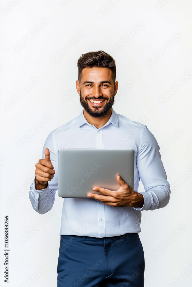 A man is smiling and holding a laptop A man is smiling and holding a laptop