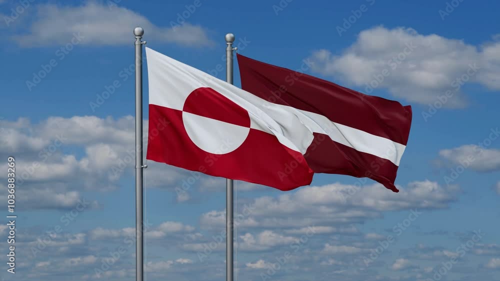 Latvia and Greenland flags flying together, video concept of the relationship, two country cooperation concept Latvia and Greenland flags flying together, video concept of the relationship, two country cooperation concept