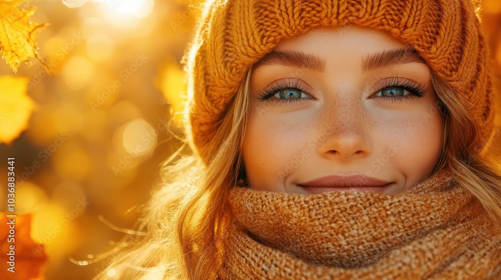 A woman with blue eyes and blonde hair is wearing a yellow hat and scarf. She is smiling and looking at the camera A woman with blue eyes and blonde hair is wearing a yellow hat and scarf. She is smiling and looking at the camera