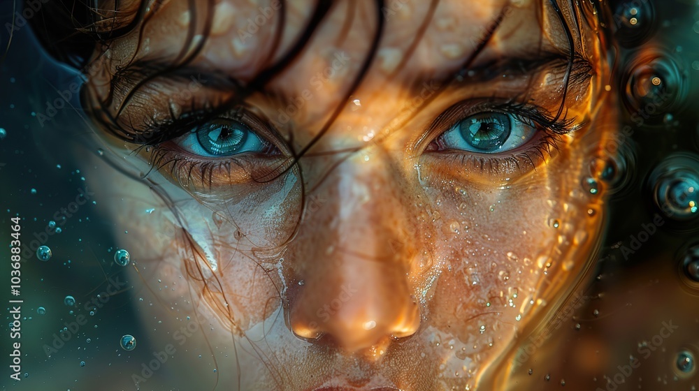 Close-Up Portrait of a Woman's Face with Water Drops Close-Up Portrait of a Woman's Face with Water Drops